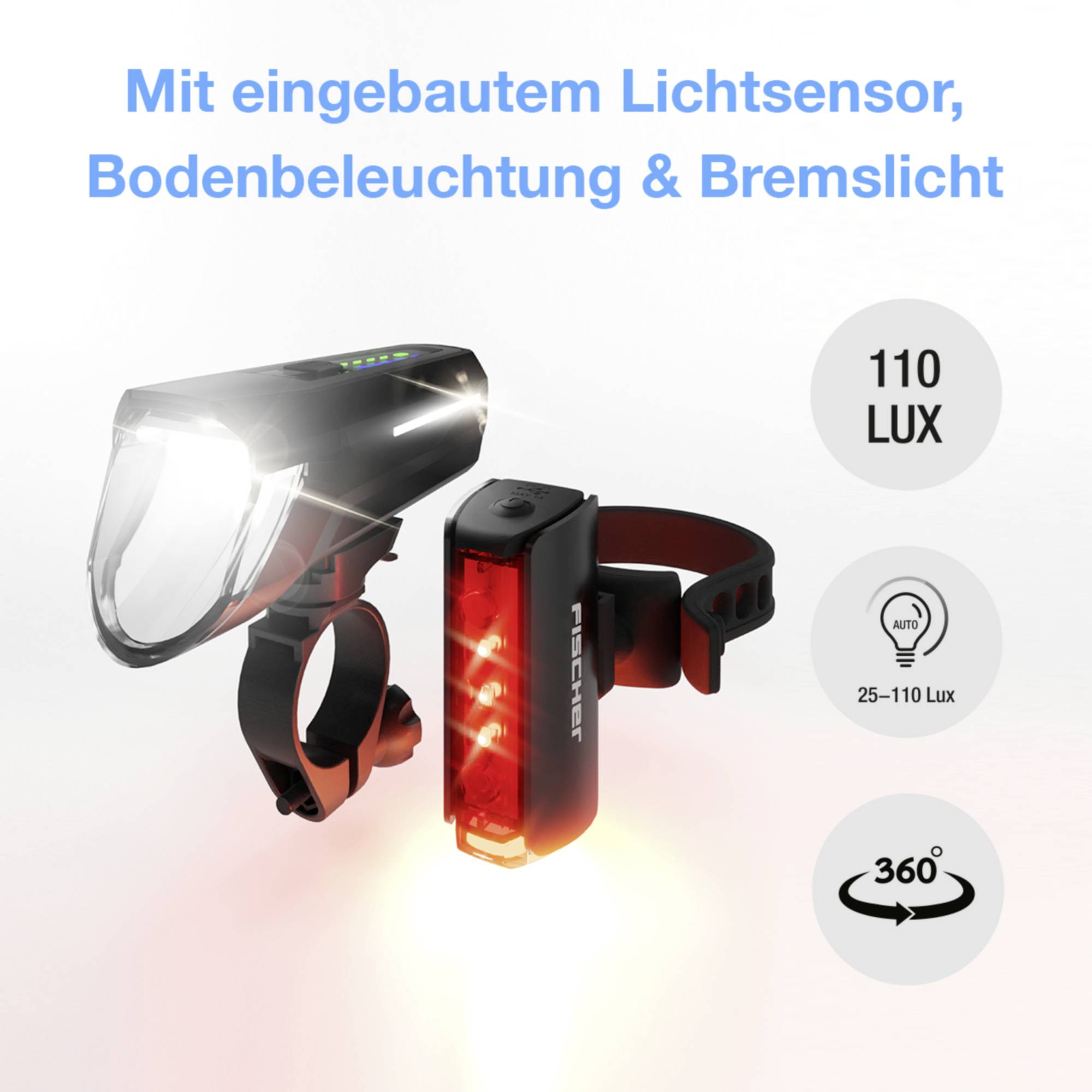 Bicycle Light Set comprising front and rear lights. Front light with 110 Lumens, rear light with brake light function, 360° visibility.