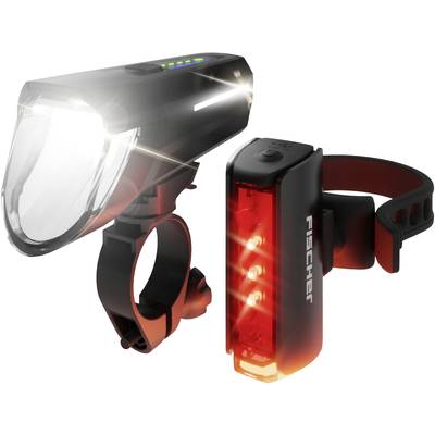 Front and rear bicycle lights. Front light with bright, white beam; rear light in red with LED indicator. Brand inscription: 'Fischer'.