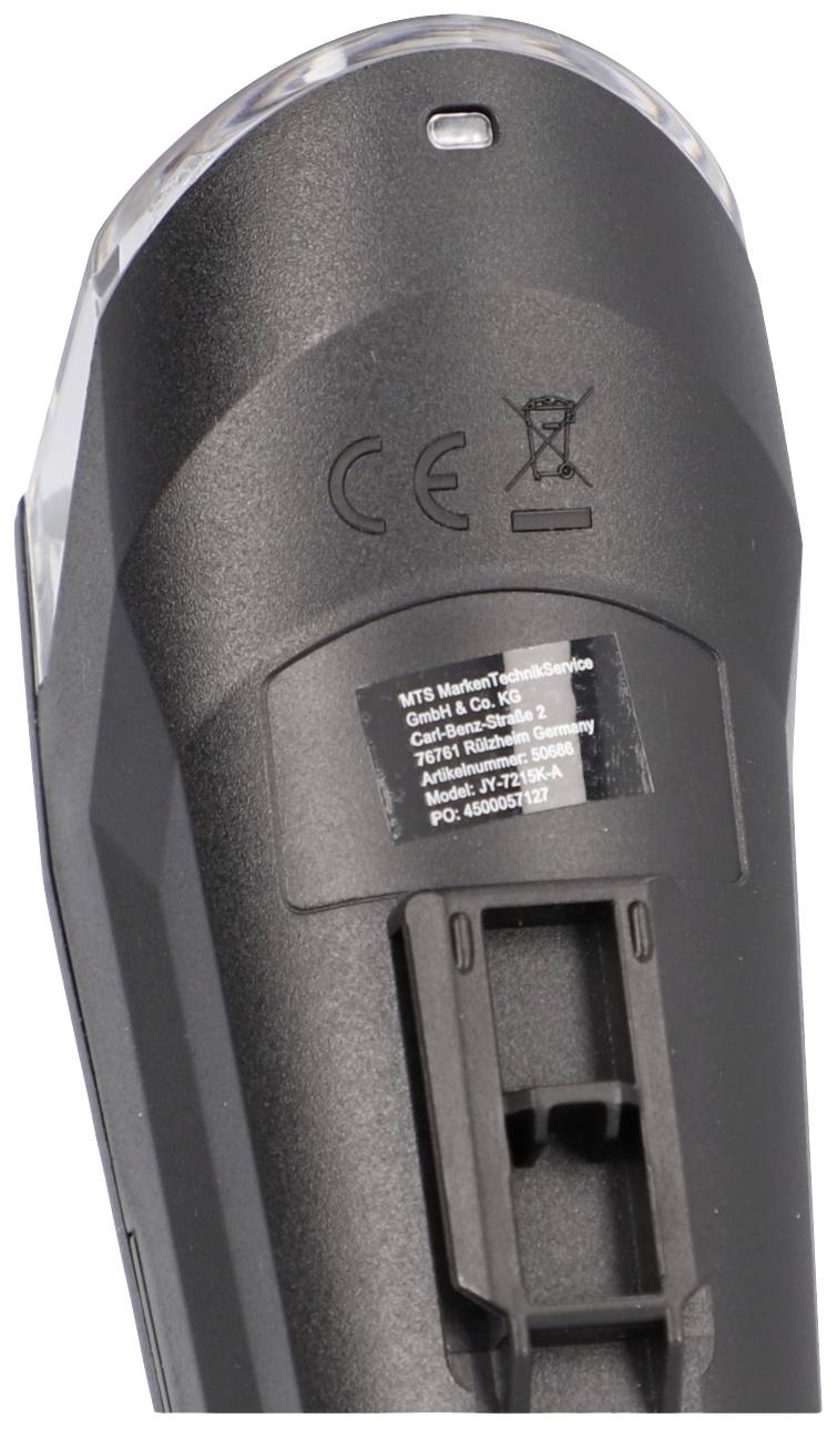 A black, portable electronic device with a clip and CE marking. Due to the perspective, precise details are difficult to discern.