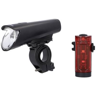 'Bicycle light set with black front light and red rear light, suitable for mounting on bicycle handlebars and seat post.'