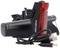 A black and red bicycle light set with USB charging cable, comprising a front and rear light.