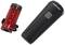 A bicycle light set consisting of a black front light with a grey button and a red rear light.