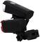 A black bicycle light set with front and rear lights in a mounting bracket, designed to attach to a bicycle handlebar.