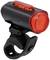 Bicycle rear light with a red casing, attached to a black mounting bracket.