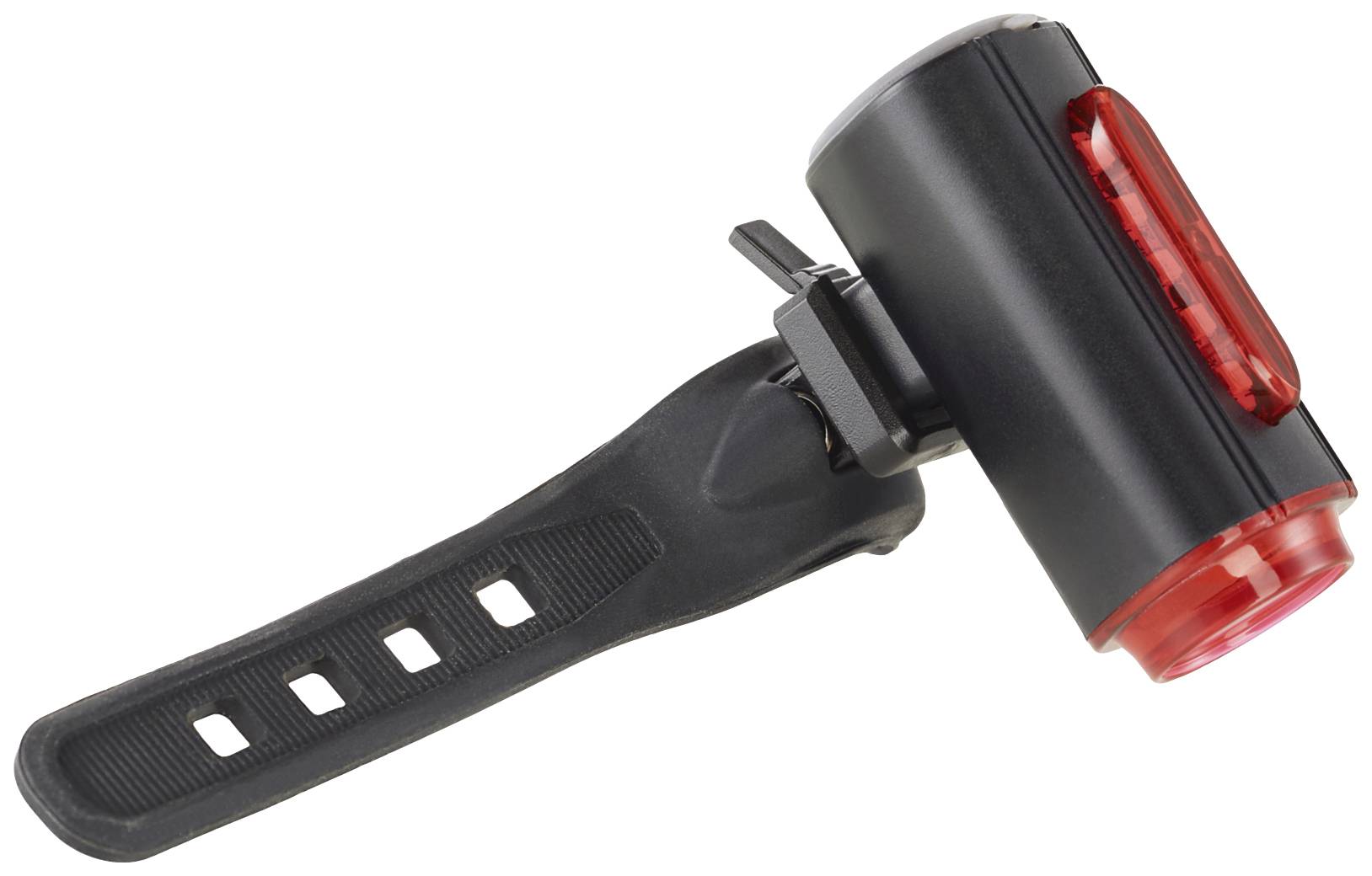 Black and red LED bicycle light with adjustable rubber band for easy attachment to bicycle handlebars.