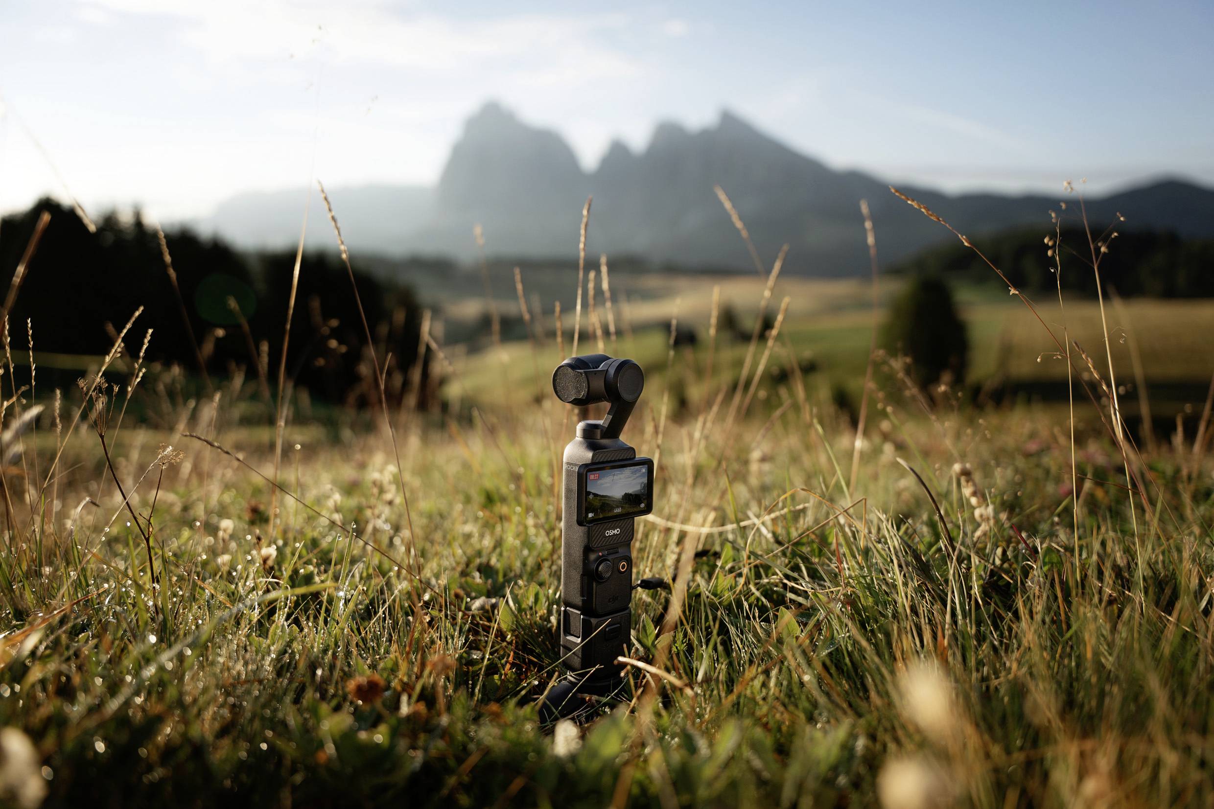 A camera is standing in tall grass on a meadow, with a blurry mountainous background on a sunny day.