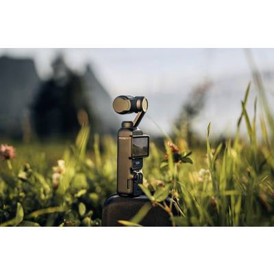 A compact handheld camera sits on a rock amidst grasses and flowers, with a blurred background of mountains in the sunlight.