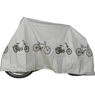 A bicycle, partially covered by a tarpaulin displaying various vehicle graphics, is the focus of the image.