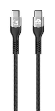 'USB-C cable with black, fabric-reinforced design and silver connectors, suitable for data transfer and fast charging.'