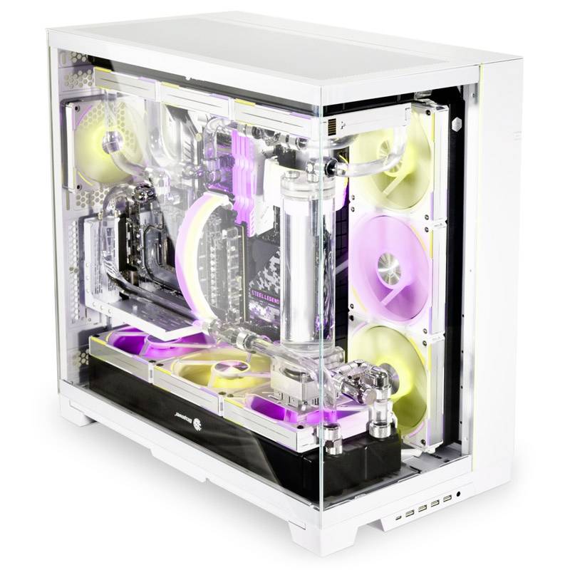 A computer case with a glass panel reveals a custom-designed cooling system. The fans are glowing purple and yellow.