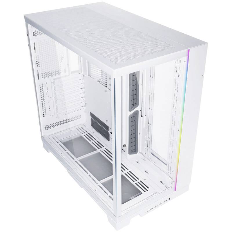 White computer case at an open viewing angle with multiple expansion slots and RGB light strip on the side.