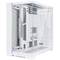 A white, spacious PC case with a glass front and side panel, ventilation slots, and multiple drive bays.