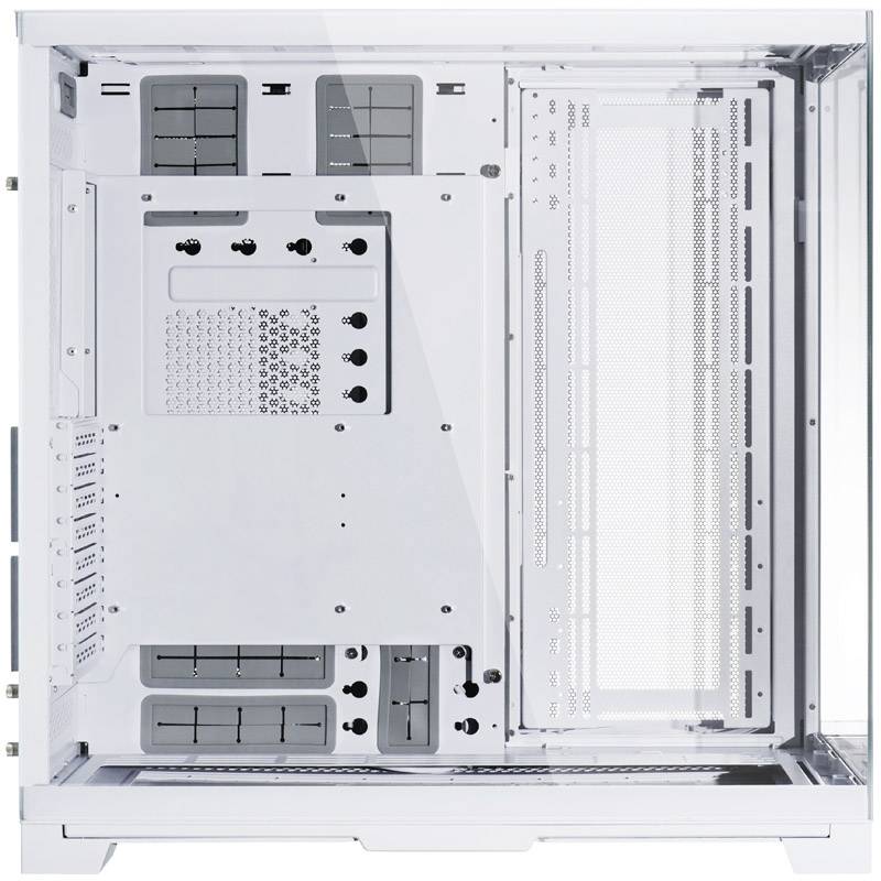 Large, empty computer case with open side panels, suitable for mounting components such as motherboard and fans.