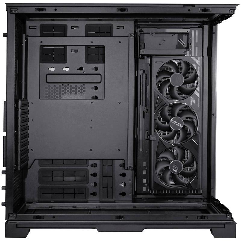 The image shows the interior of an empty PC case with fans, modular slots for components, and cable management options.