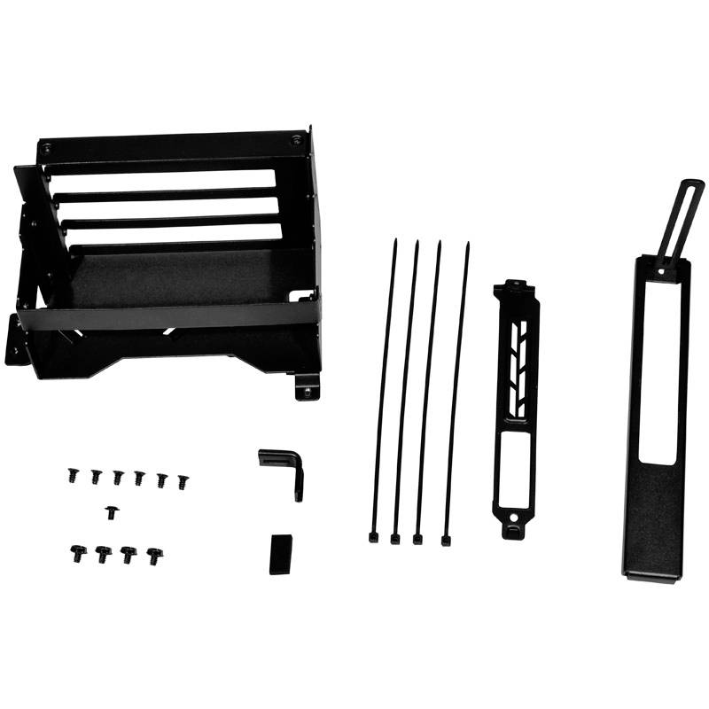 'Black GPU mounting kit with screws, cable ties, and mounting plates. Accessories for installation in a computer case.'