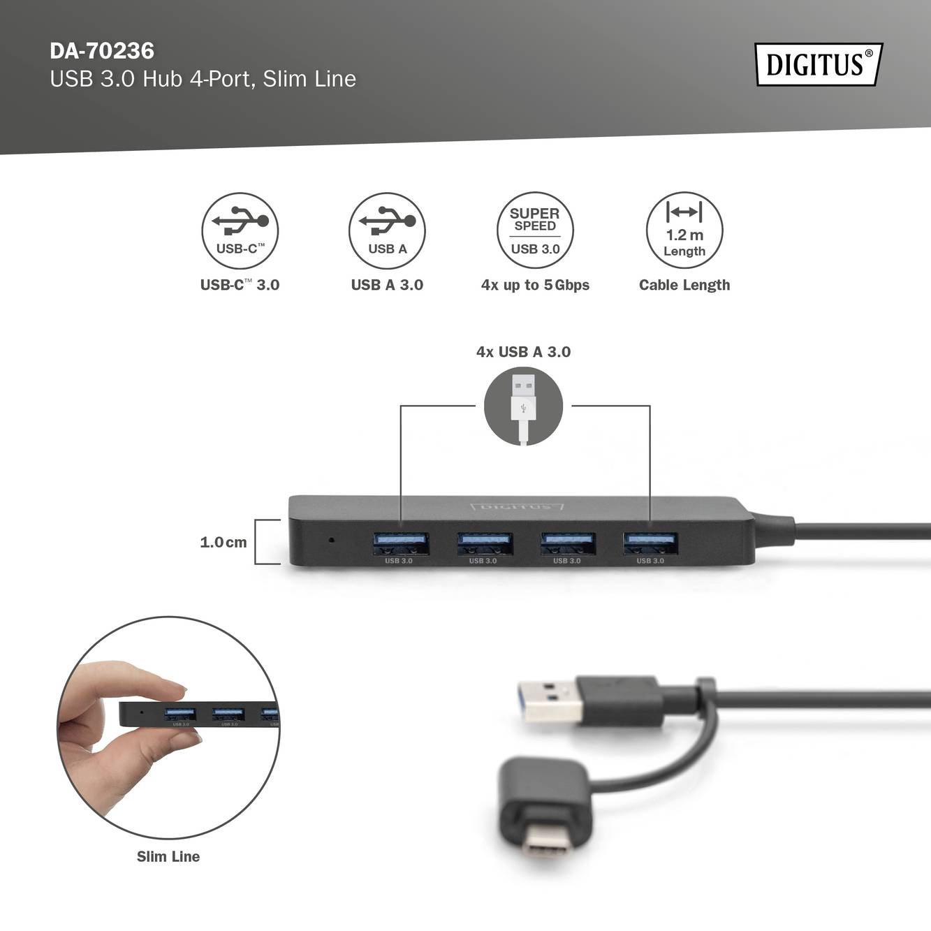 USB 3.0 Hub with 4 Ports, Slim Design, Supports Up to 5 Gbps. Includes 1.2 m Cable. Shows Front and Rear View along with USB Ports.