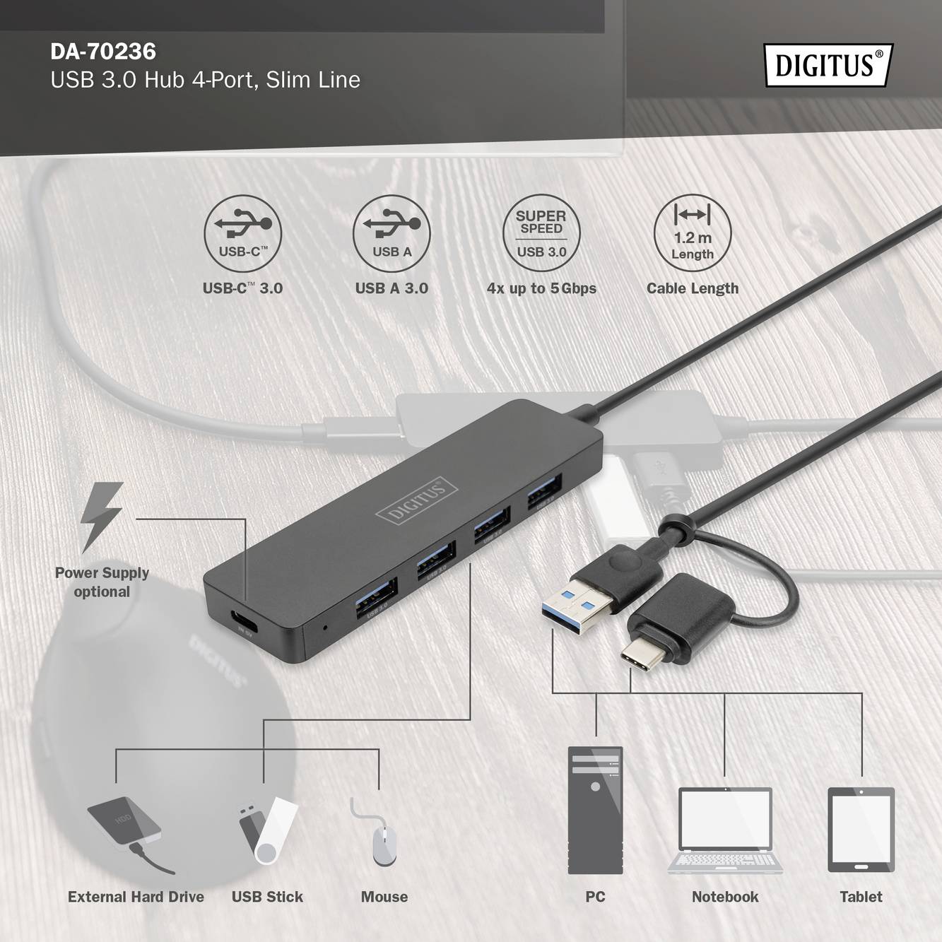 USB Hub with Four Ports: Three USB 3.0 Ports, One USB-C Port. Supports Data Transfer up to 5 Gbps. Suitable for PC, External Hard Drive, USB Stick, Mouse.
