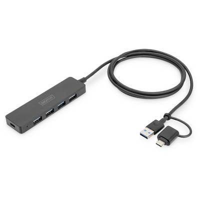 A black USB hub with four USB ports and a connected cable featuring USB-C and USB-A plugs.