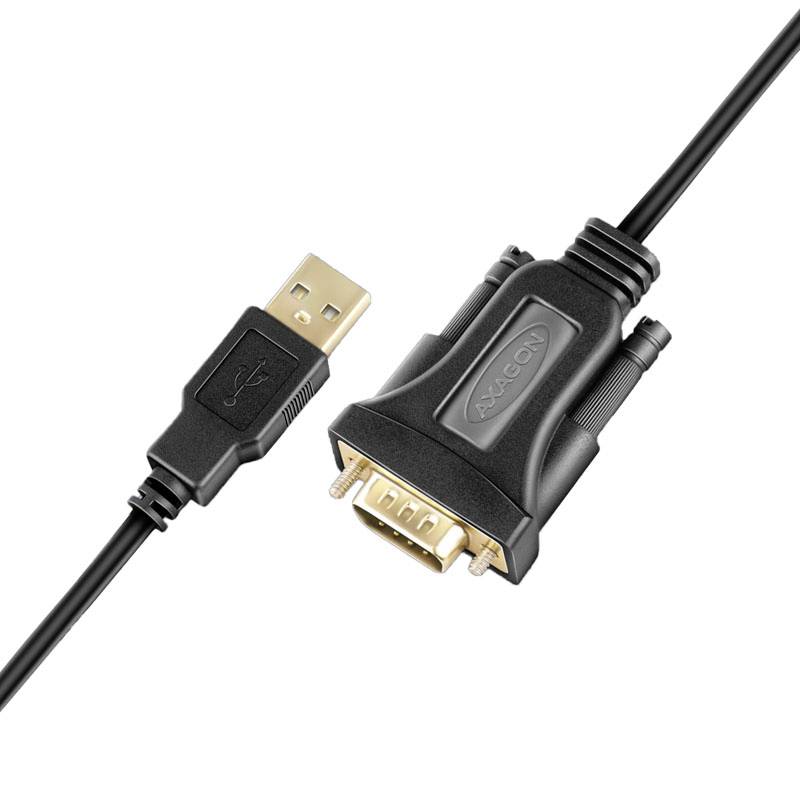 A USB to serial adapter cable that connects a USB port with a nine-pin serial port, for data transfer.