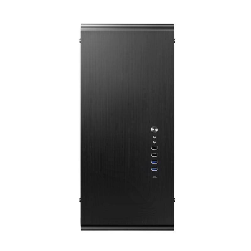 A black computer case with multiple USB ports and a power button on the front.