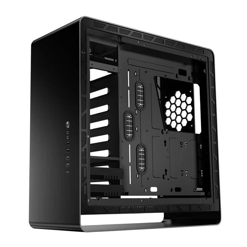 Black computer case in side view, showing internal bays and connections; minimalist, modern design.