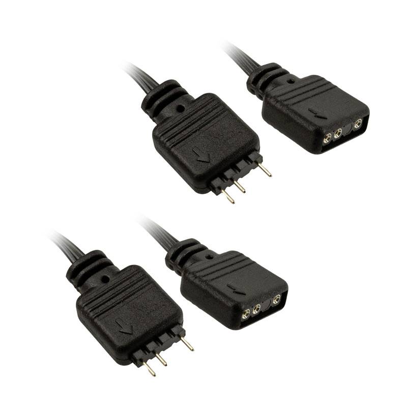 'Two black 3-pin connectors with cables, arranged side by side, show connection pins and socket ports.'
