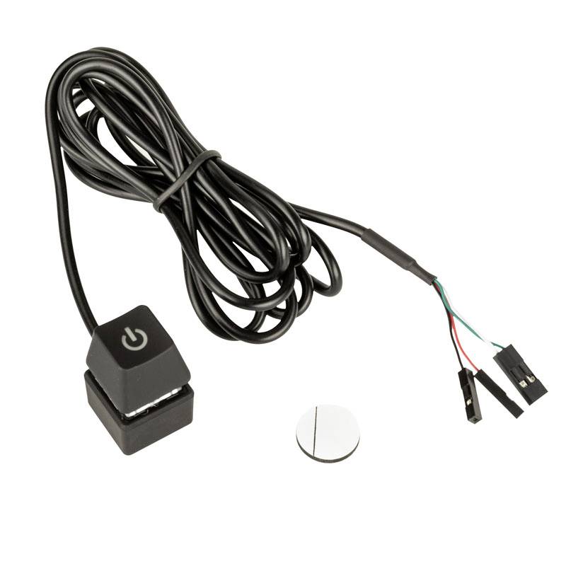 A black cable switch with an on/off symbol, alongside wires and a small round metal piece on a white background.