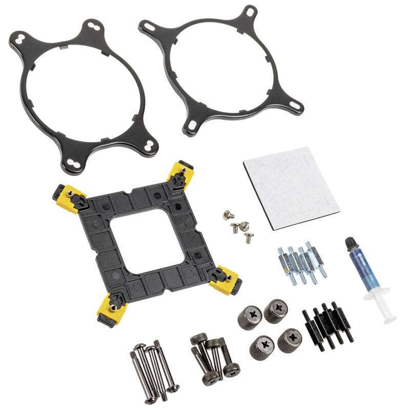 CPU Cooler Mounting Kit with screws, brackets, thermal paste, spacers, and two mounting frames.