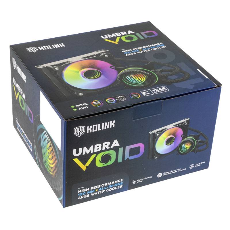 Box for a 'Kolink Umbra Void' RGB water cooler for computers with product image and technical specifications.