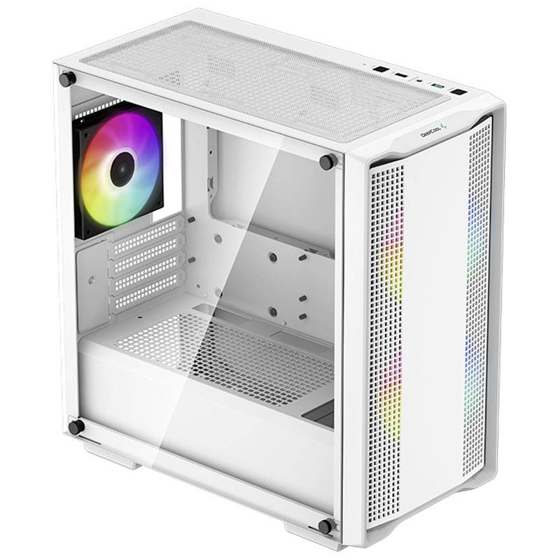 A white PC case with a transparent side panel; featuring a colourful LED fan. The case is perforated at the front and top.