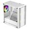 A white PC case with a transparent side panel; featuring a colourful LED fan. The case is perforated at the front and top.