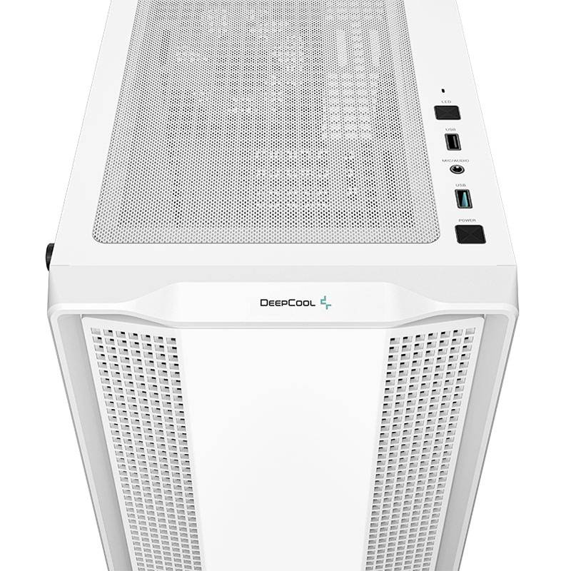 A white PC case from DeepCool with USB ports and ventilation grilles.