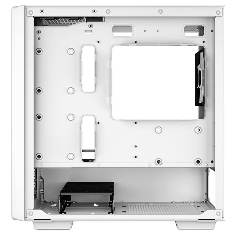 White computer case with open interior, showing mounting points for motherboard, hard drive, and cooling installation.