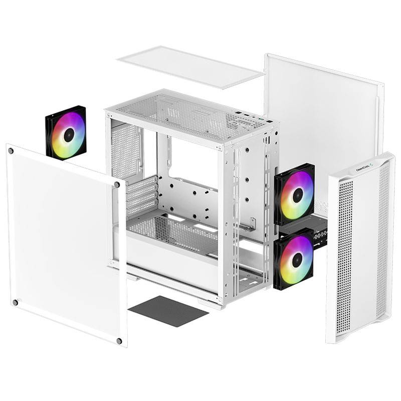A disassembled computer case with a white frame, removable side panels, and three colourful fans.