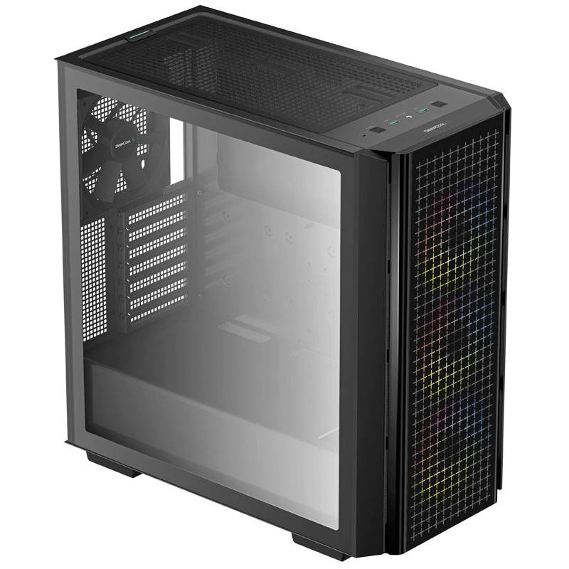 A black PC case with a glass side panel and front grille. The front displays a subtle play of colour through RGB lighting.