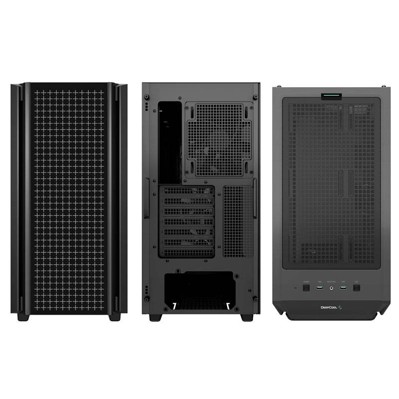 A black computer case with three views: front with mesh structure, back with connection ports, and top with ventilation grilles.
