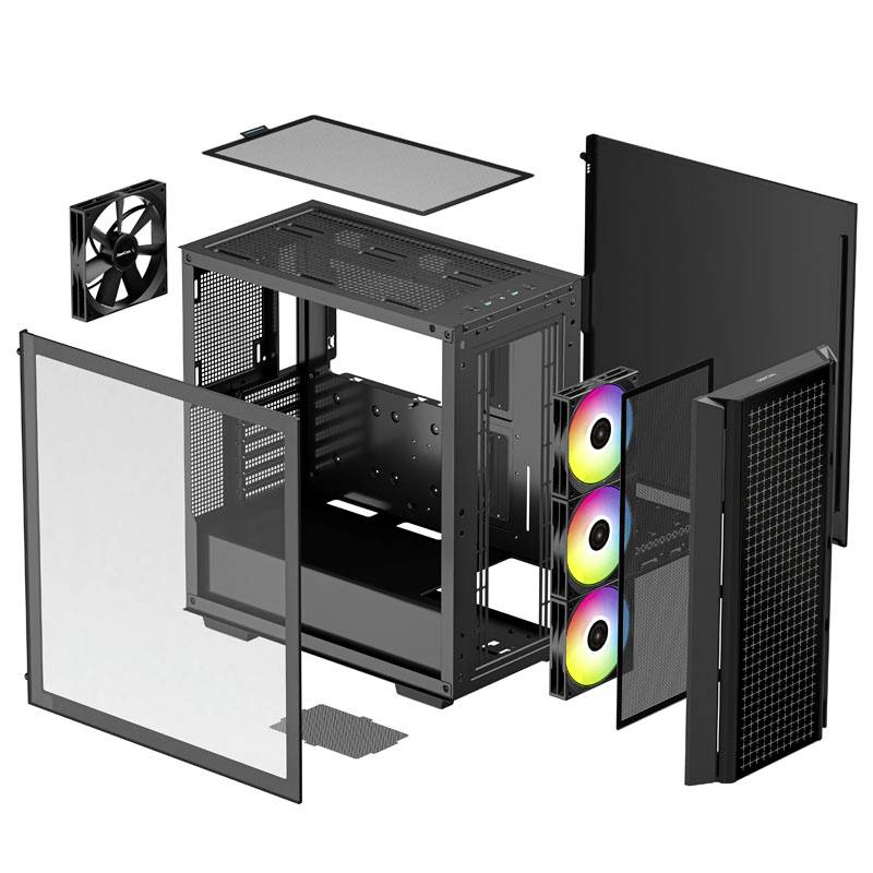 Disassembled computer case with multiple components: casing, fans, covers, and illuminated ventilation slots. Shows construction method.