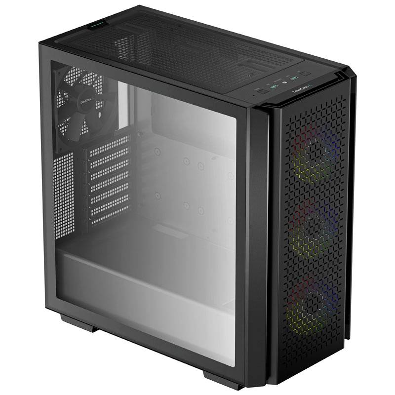 Black computer case with a glass side panel to showcase the internal components. Front fans with LED lighting. Minimalist design.