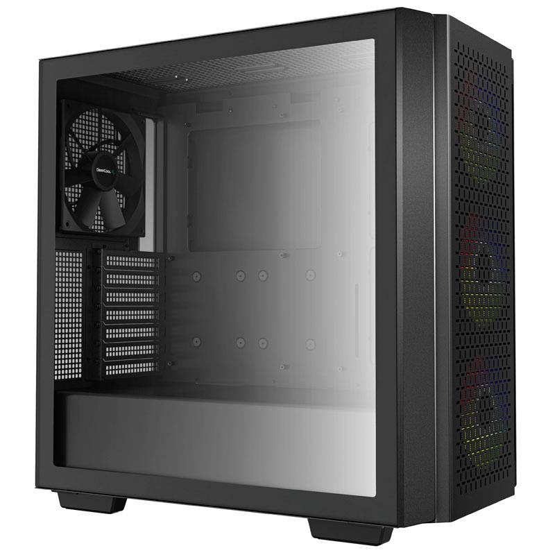 Black computer case with transparent side panel and fan at the rear. Perforated front panel with RGB lighting.
