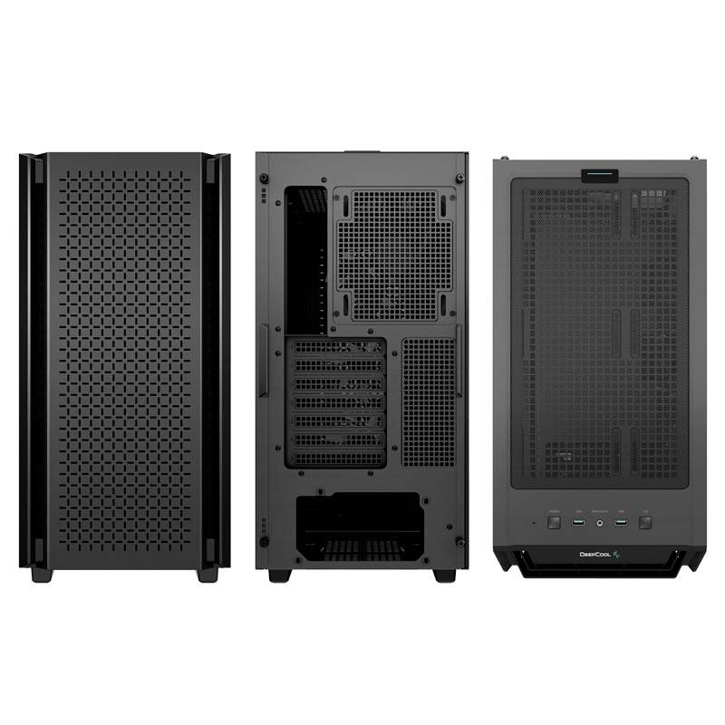 Three black computer cases from different angles. On the left, a closed front view, in the middle the back with expansion slots, on the right the underside with logo and connections.