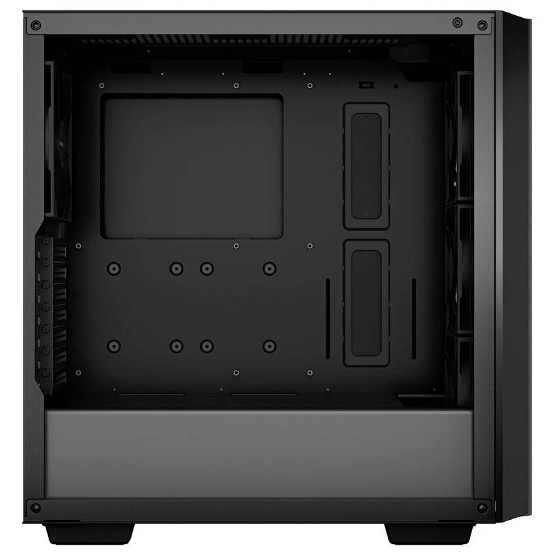 Black computer case with empty interior and space for hardware components. Suitable for custom PC build projects.