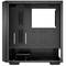 Black, empty PC case without front or side covers, revealing open bays and mounting brackets for hardware components.