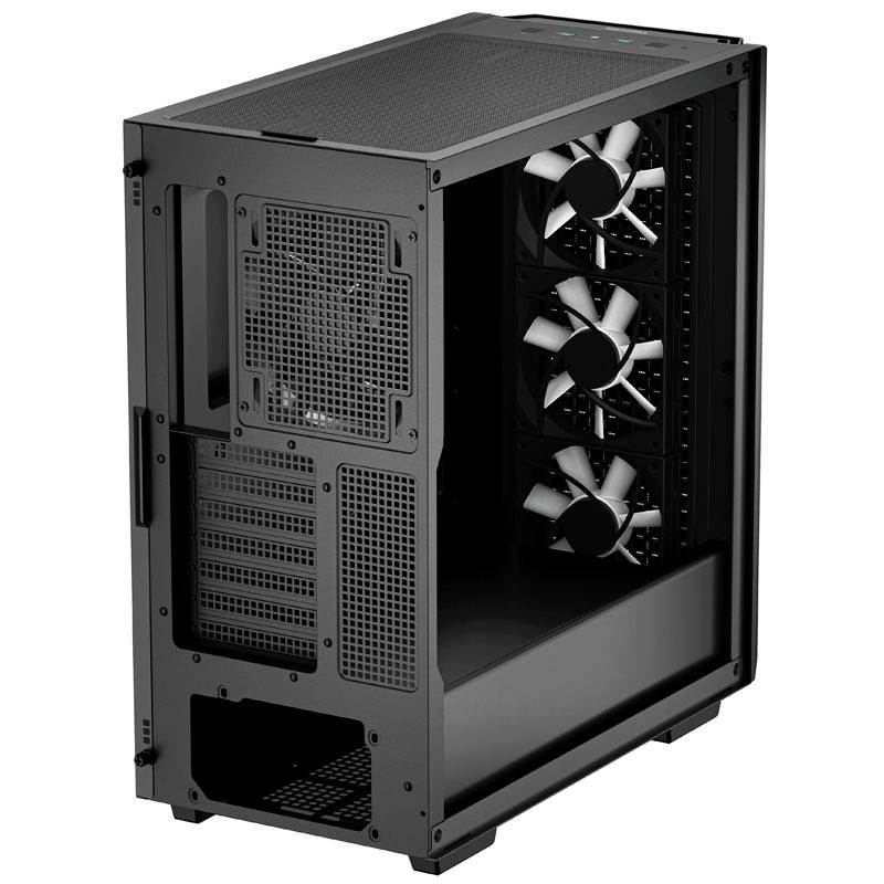 Black computer case with open side panel, three visible fans at the front. Suitable for custom-built PCs for effective cooling.