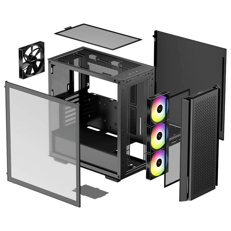Disassembled computer case with transparent and black panels, three colourful fans at the front and a black fan at the rear.