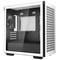The image shows a white computer case with a transparent side panel. Inside, fans and mounting brackets for hardware are visible.