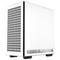 A white computer case with a black mesh front and side panel, standing on black feet, suitable for a desktop PC.