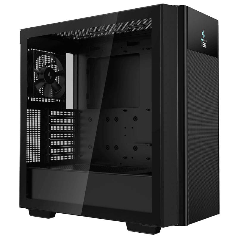 A black computer case with a transparent side panel. Fan spaces and internal structure are visible without hardware.