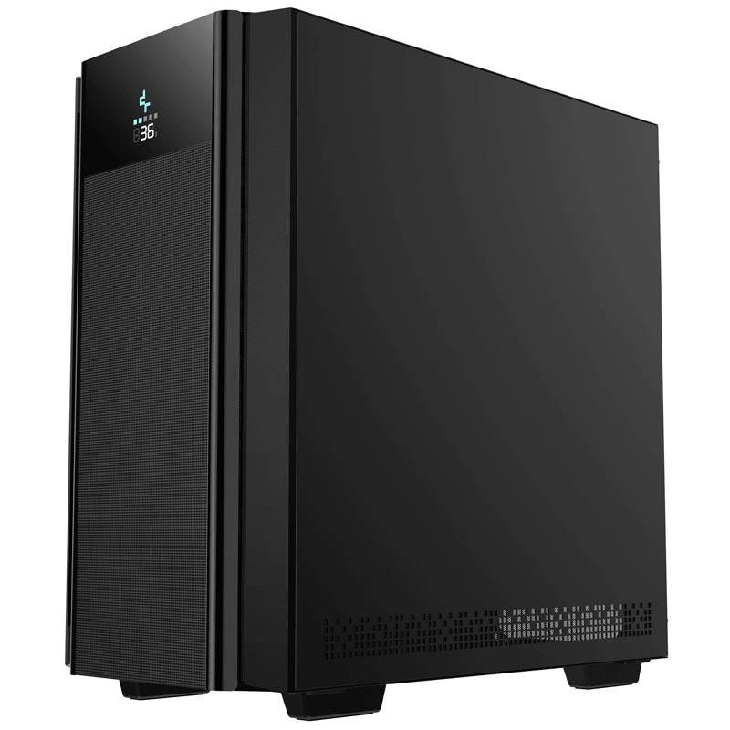 Black computer case with digital temperature display at the front. Minimalist design, closed front without visible ports.