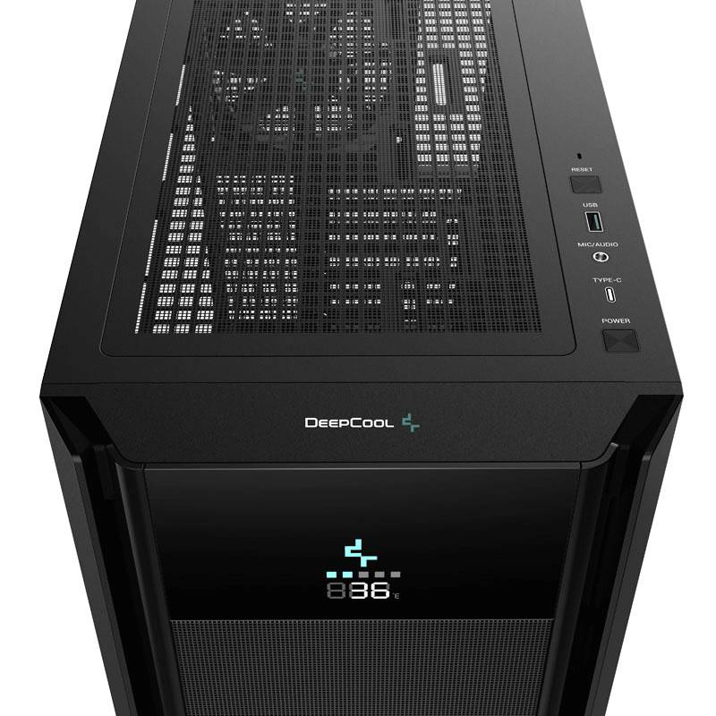 'DeepCool' PC case with mesh top panel and blue digital display on the front, showcasing case ventilation and modern design.
