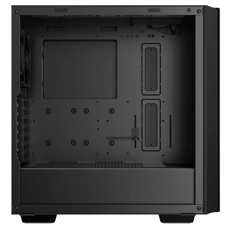 Black computer case with empty interior. Mounting brackets and openings for component installation are visible. Suitable for PC building.
